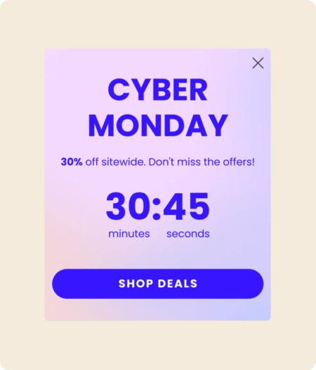 Ein Pop-up-Formular, das auf eine Aktion zu Black Friday und Cyber Monday hinweist. Ein Countdown-Timer zeigt, dass die Aktion in 30 Minuten und 45 Sekunden beginnt.
